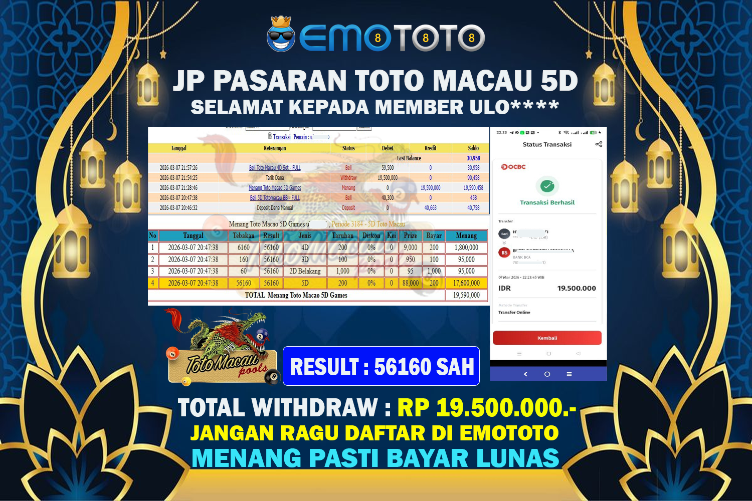 EMOTOTO : BUKTI JACKPOT MEMBER PERMAINAN TOGEL TOTO MACAU 5D RP 19.500.000 DI BAYAR LUNAS LANGSUNG KE REKENING MEMBER